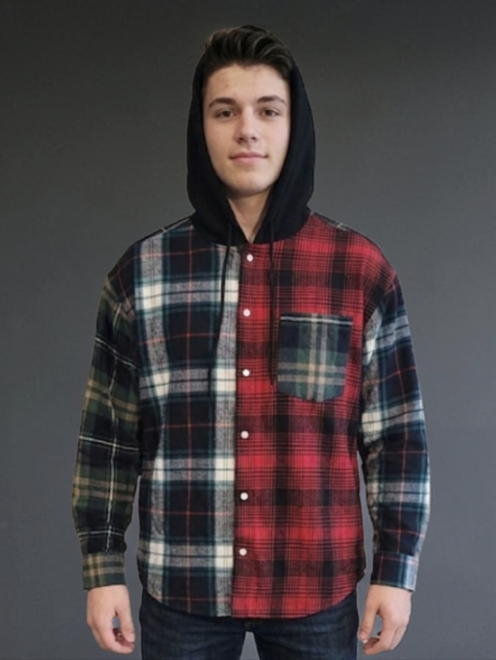 Forever 21 Men's Hooded Plaid Flannel Shirt Bold Multi-Color Patchwork Design! L